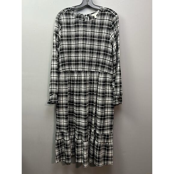 Terra & Sky Tiered Peasant Midi Dress‎ Womens Plus 2X Black White Plaid Pockets - Picture 1 of 9